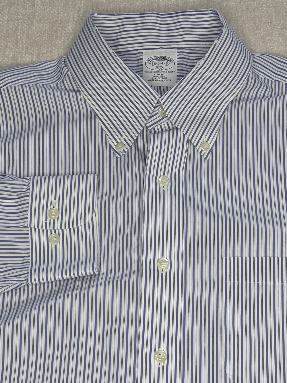 Brooks Brothers 346 Dress Shirt Mens 16.5 34/35 Slim Fit Blue White Stripe